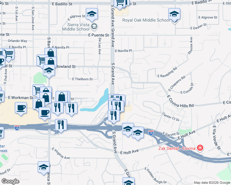 map of restaurants, bars, coffee shops, grocery stores, and more near 924 East Ranchcreek Road in Covina