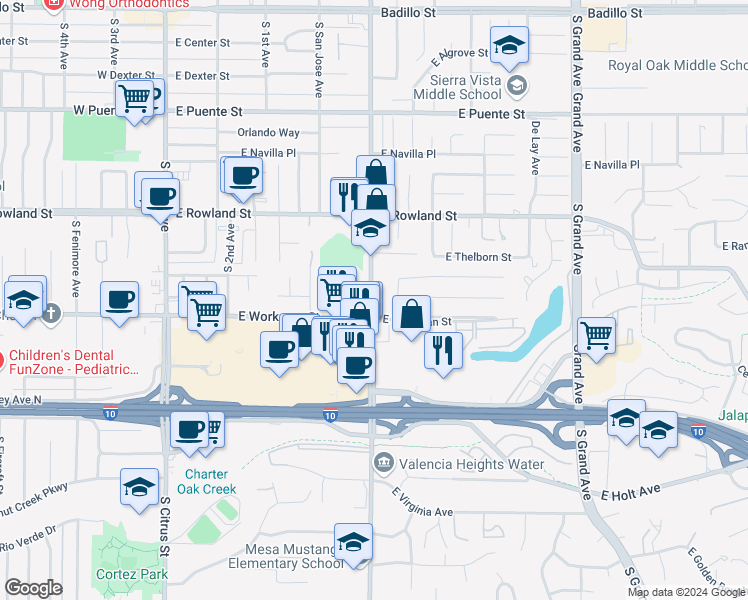 map of restaurants, bars, coffee shops, grocery stores, and more near 779 Briargate Lane in Covina