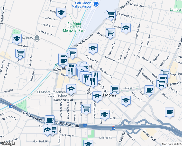 map of restaurants, bars, coffee shops, grocery stores, and more near 3649 Tyler Avenue in El Monte