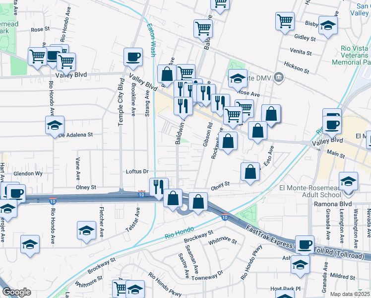 map of restaurants, bars, coffee shops, grocery stores, and more near 3704 Baldwin Avenue in El Monte
