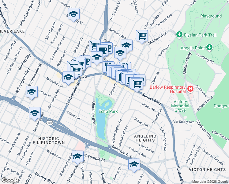 map of restaurants, bars, coffee shops, grocery stores, and more near in Los Angeles