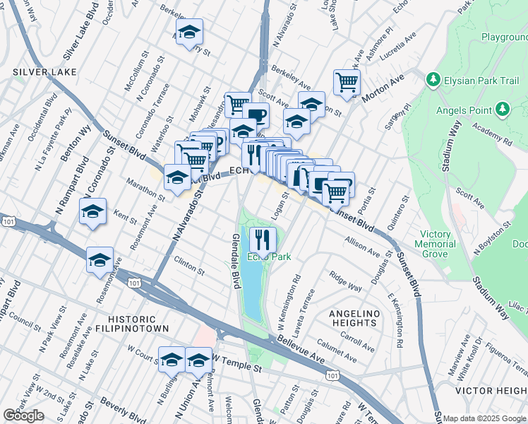 map of restaurants, bars, coffee shops, grocery stores, and more near 1713 Park Avenue in Los Angeles
