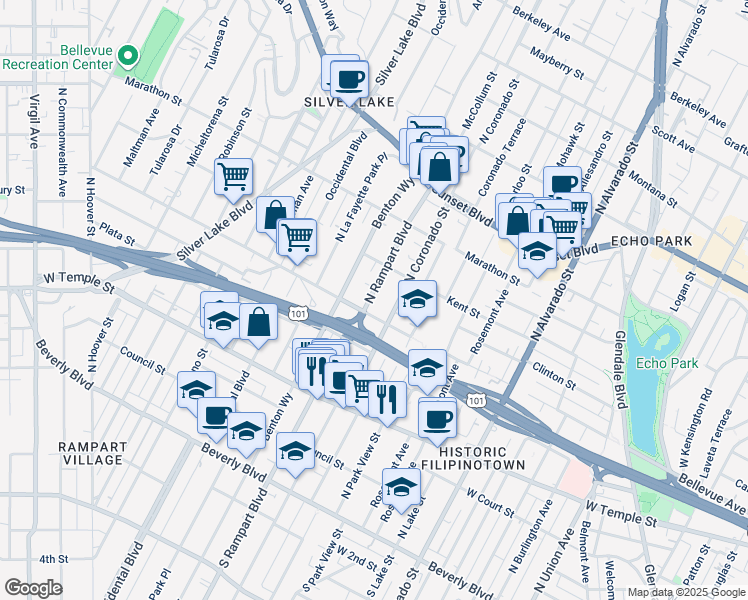 map of restaurants, bars, coffee shops, grocery stores, and more near 607 North Coronado Street in Los Angeles