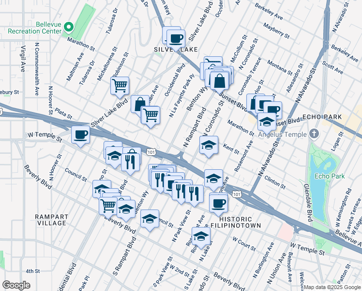 map of restaurants, bars, coffee shops, grocery stores, and more near 528 North Benton Way in Los Angeles