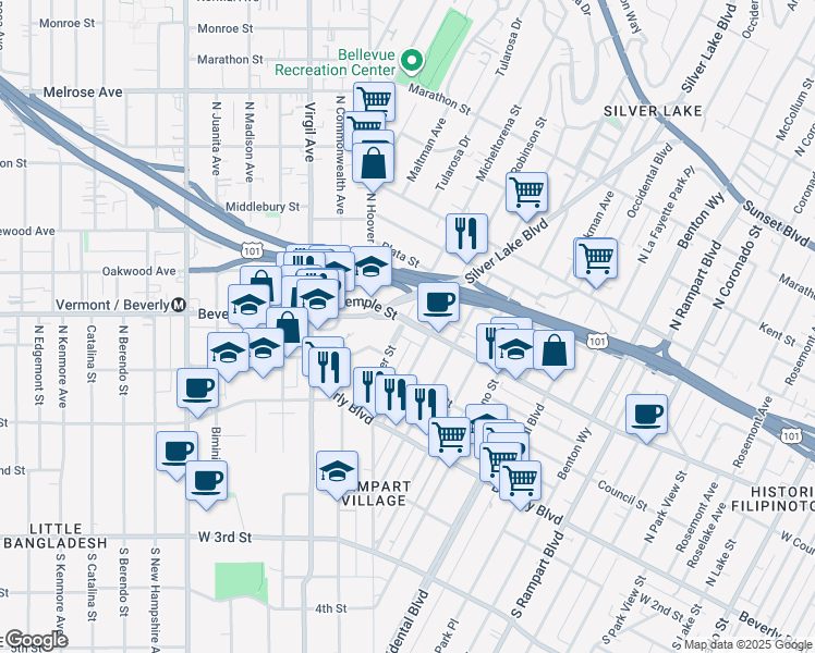 map of restaurants, bars, coffee shops, grocery stores, and more near 245 Robinson Street in Los Angeles