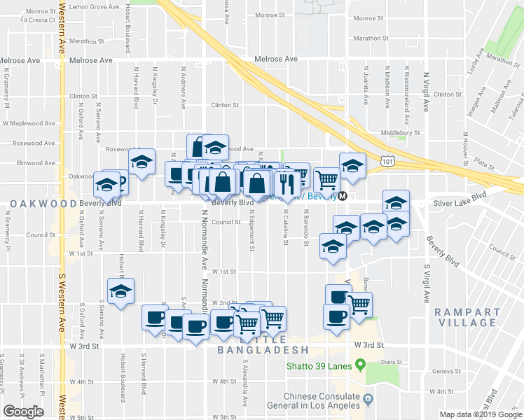 map of restaurants, bars, coffee shops, grocery stores, and more near 203 North Edgemont Street in Los Angeles