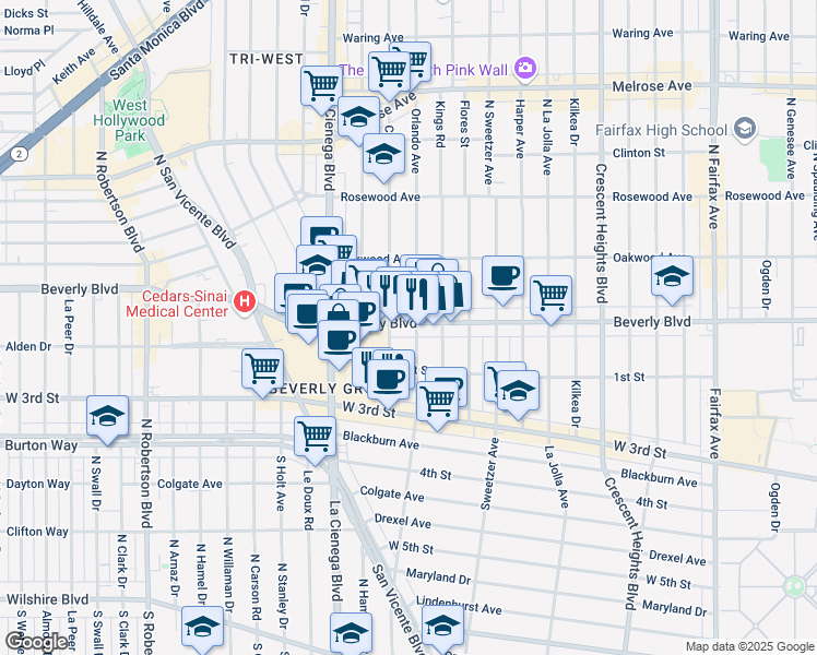 map of restaurants, bars, coffee shops, grocery stores, and more near in Los Angeles