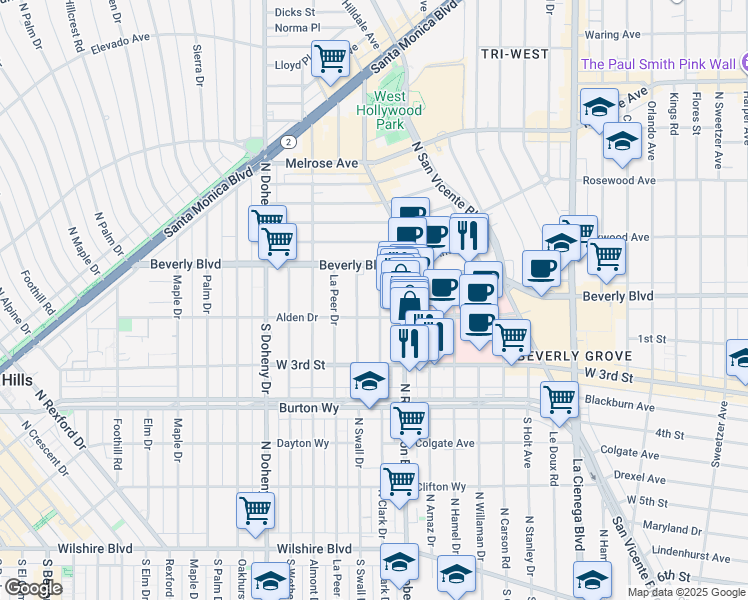 map of restaurants, bars, coffee shops, grocery stores, and more near 100 North Clark Drive in West Hollywood