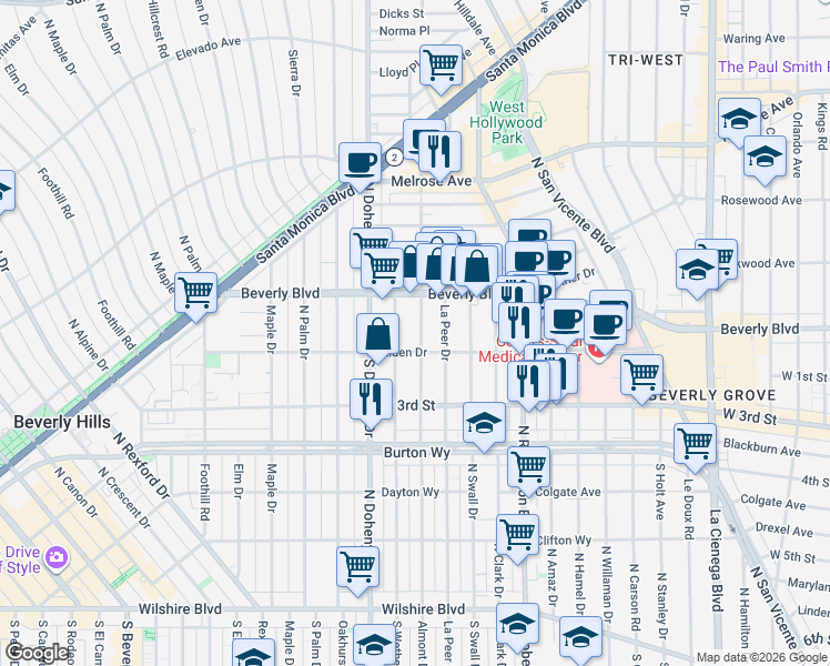 map of restaurants, bars, coffee shops, grocery stores, and more near 104 North Almont Drive in West Hollywood