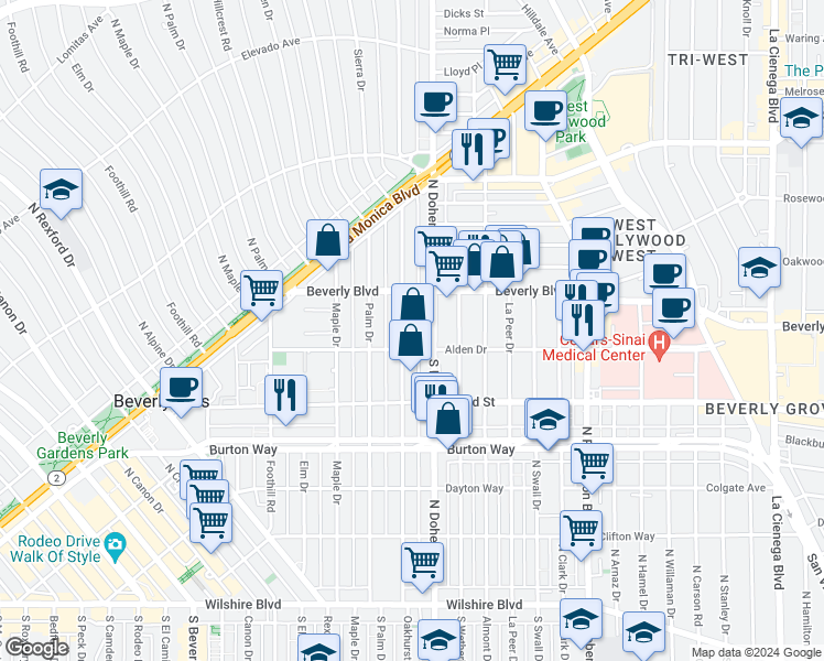 map of restaurants, bars, coffee shops, grocery stores, and more near 400 North Oakhurst Drive in Beverly Hills