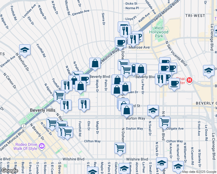 map of restaurants, bars, coffee shops, grocery stores, and more near 9183 Alden Drive in Beverly Hills