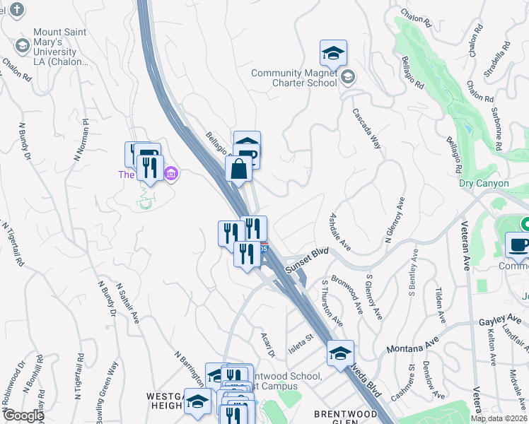 map of restaurants, bars, coffee shops, grocery stores, and more near 11452 Thurston Circle in Los Angeles