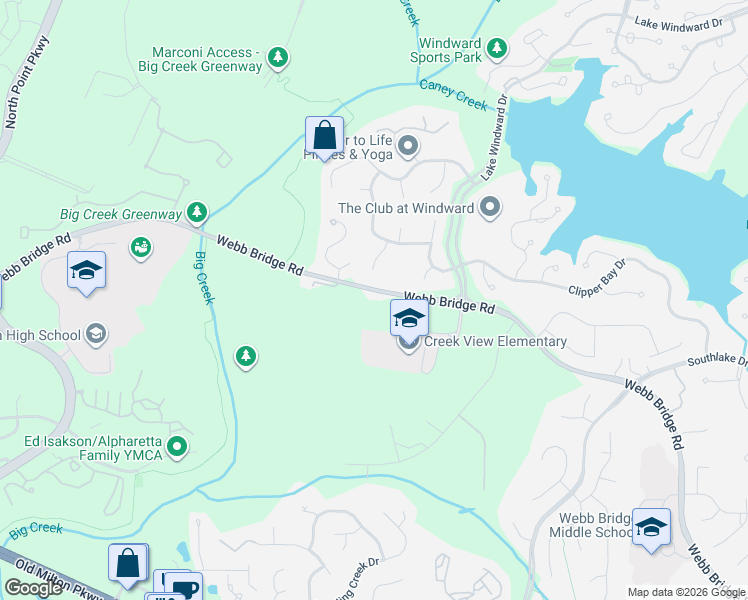 map of restaurants, bars, coffee shops, grocery stores, and more near 3973 Webb Bridge Road in Alpharetta
