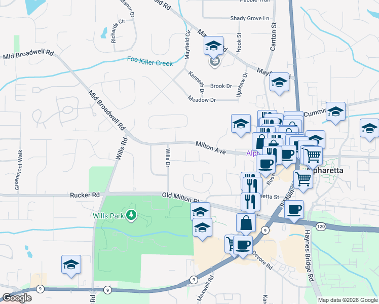 map of restaurants, bars, coffee shops, grocery stores, and more near 115 Trammell Court in Alpharetta
