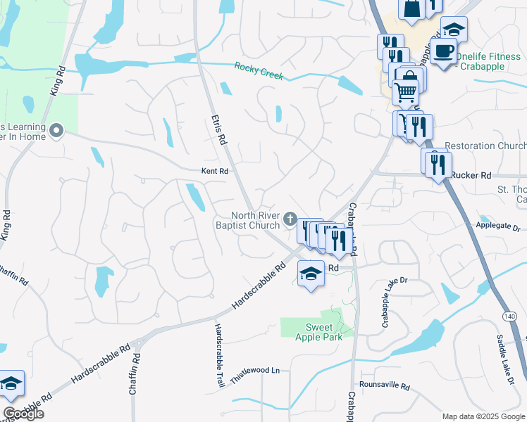 map of restaurants, bars, coffee shops, grocery stores, and more near 365 Autumn Breeze Drive in Roswell