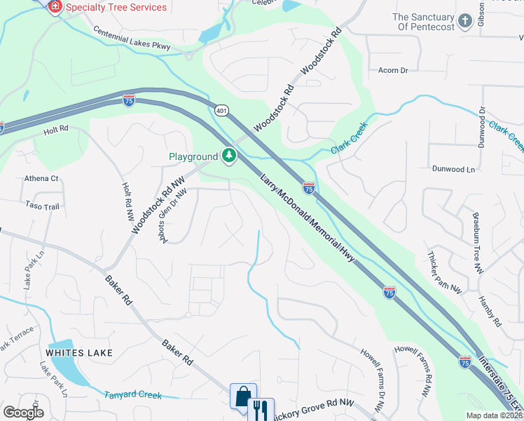 map of restaurants, bars, coffee shops, grocery stores, and more near 2568 Abbots Glen Drive Northwest in Acworth