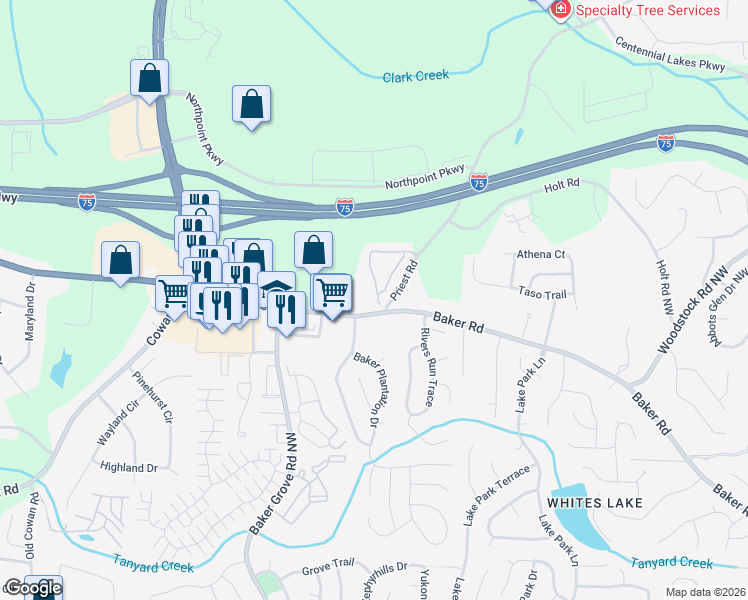 map of restaurants, bars, coffee shops, grocery stores, and more near 5007 Kathryn Glen Drive Northwest in Acworth