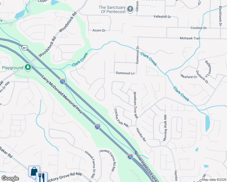 map of restaurants, bars, coffee shops, grocery stores, and more near 2422 Doubletree Drive Northwest in Acworth