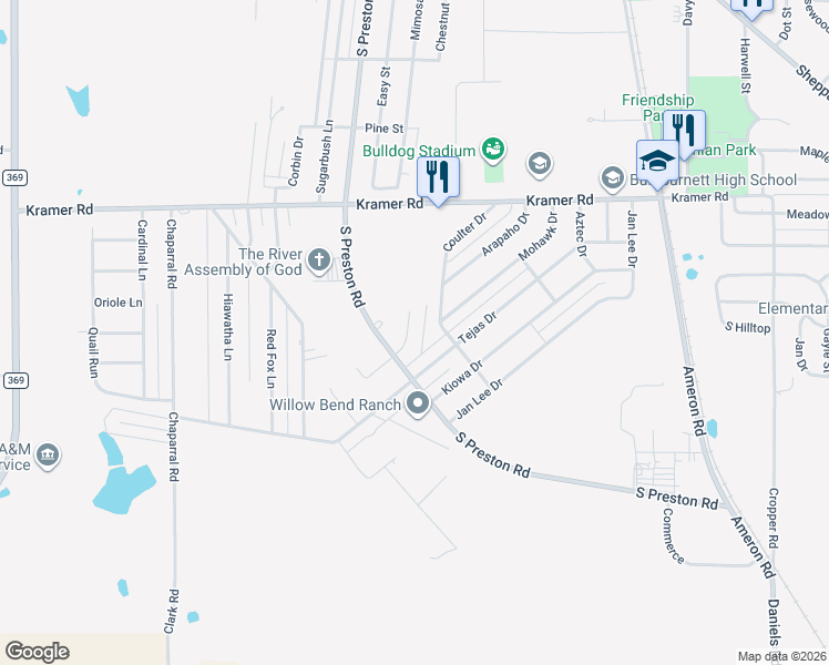 map of restaurants, bars, coffee shops, grocery stores, and more near 1131 Regency Drive in Burkburnett