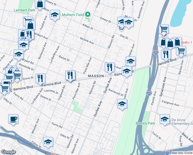 map of restaurants, bars, coffee shops, grocery stores, and more near Ramona Boulevard & Maxson Road in El Monte