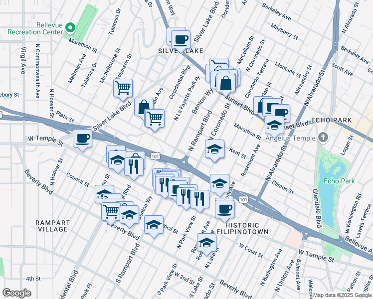 map of restaurants, bars, coffee shops, grocery stores, and more near 528 North Benton Way in Los Angeles