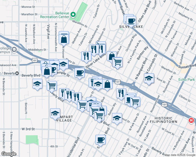 map of restaurants, bars, coffee shops, grocery stores, and more near 324 North Vendome Street in Los Angeles