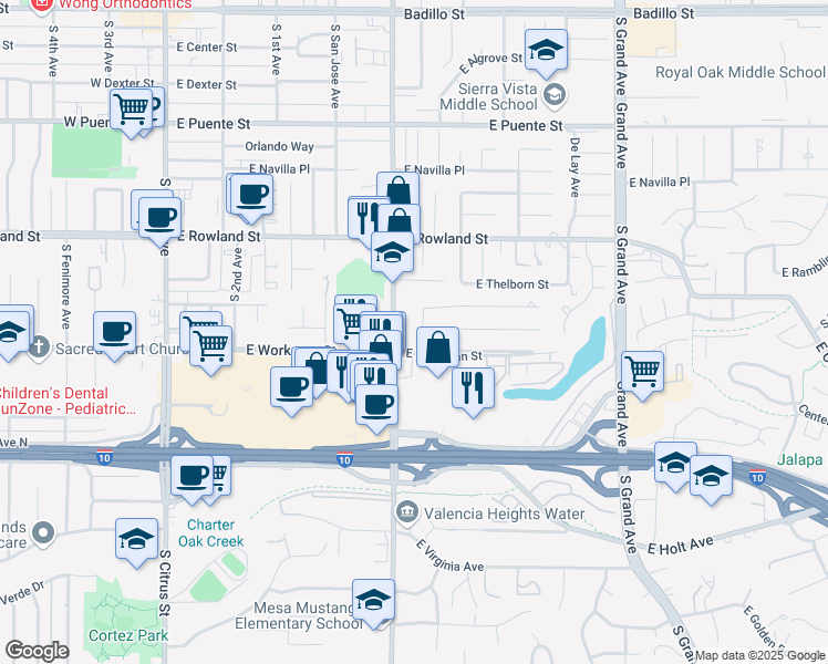 map of restaurants, bars, coffee shops, grocery stores, and more near 759 South Briargate Lane in Glendora