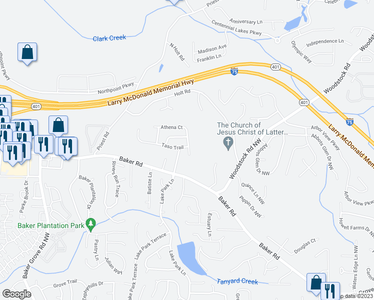 map of restaurants, bars, coffee shops, grocery stores, and more near 1070 Athena Court in Acworth