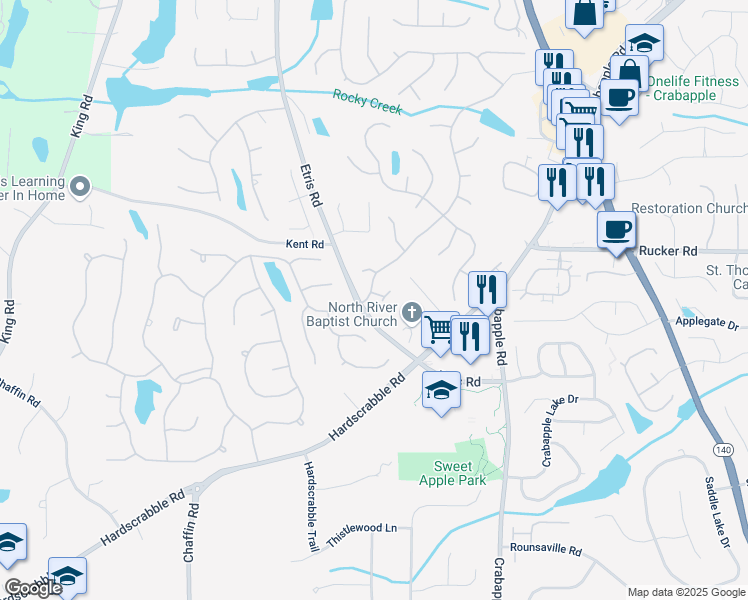 map of restaurants, bars, coffee shops, grocery stores, and more near 365 Autumn Breeze Drive in Roswell