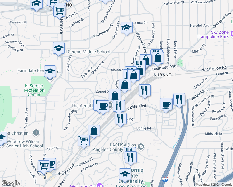 map of restaurants, bars, coffee shops, grocery stores, and more near 5316 Ithaca Avenue in Los Angeles