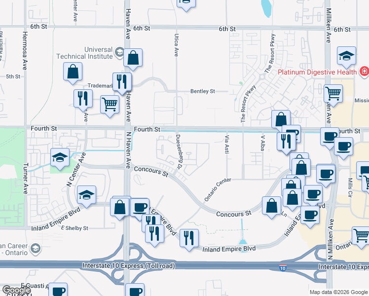 map of restaurants, bars, coffee shops, grocery stores, and more near 950 N Duesenberg Drive in Ontario
