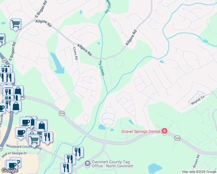 map of restaurants, bars, coffee shops, grocery stores, and more near 3453 Huddlestone Lane Northeast in Buford