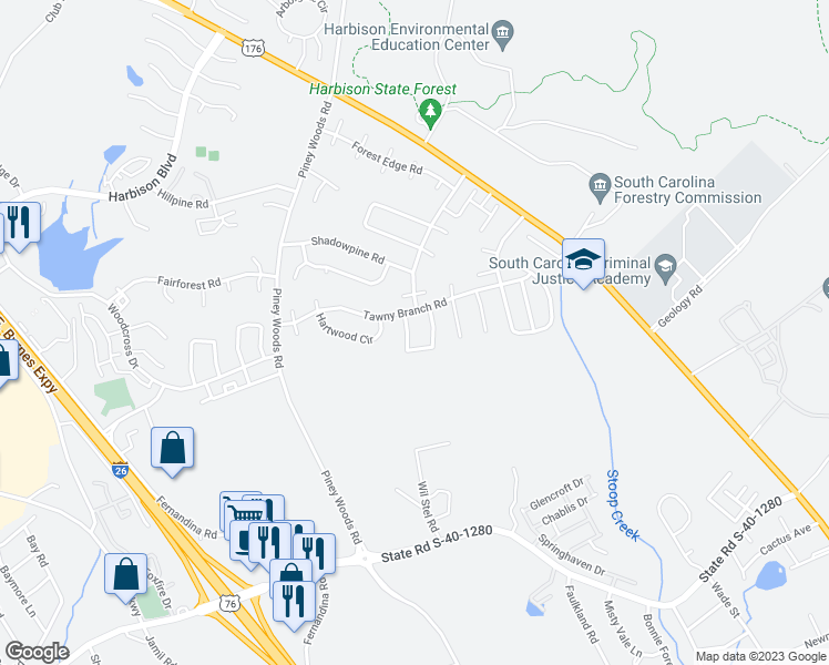 map of restaurants, bars, coffee shops, grocery stores, and more near 109 Whitwood Circle in Columbia