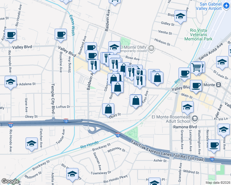 map of restaurants, bars, coffee shops, grocery stores, and more near in El Monte
