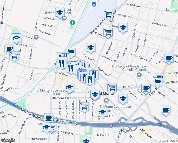map of restaurants, bars, coffee shops, grocery stores, and more near 10950 Railroad Street in El Monte