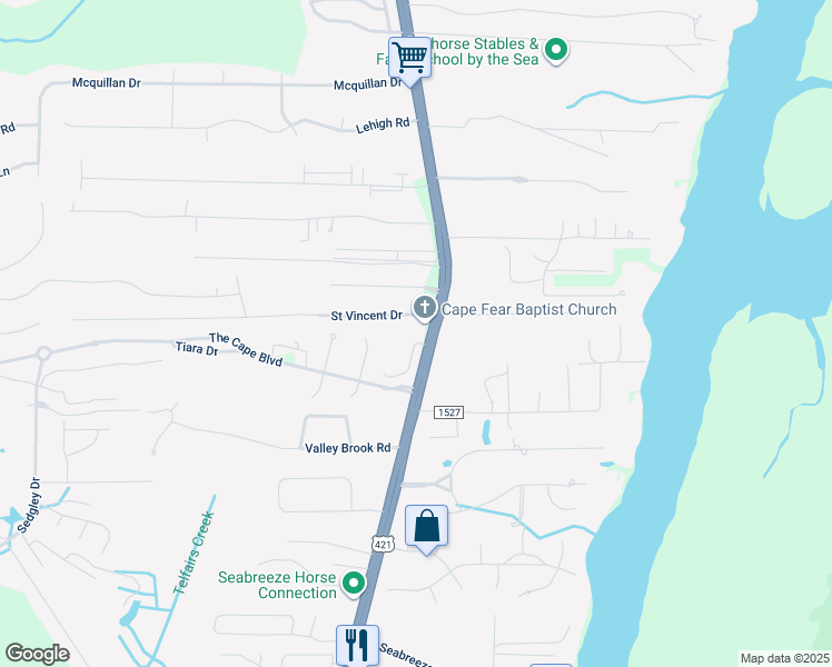 map of restaurants, bars, coffee shops, grocery stores, and more near 7300 Carolina Beach Road in Wilmington
