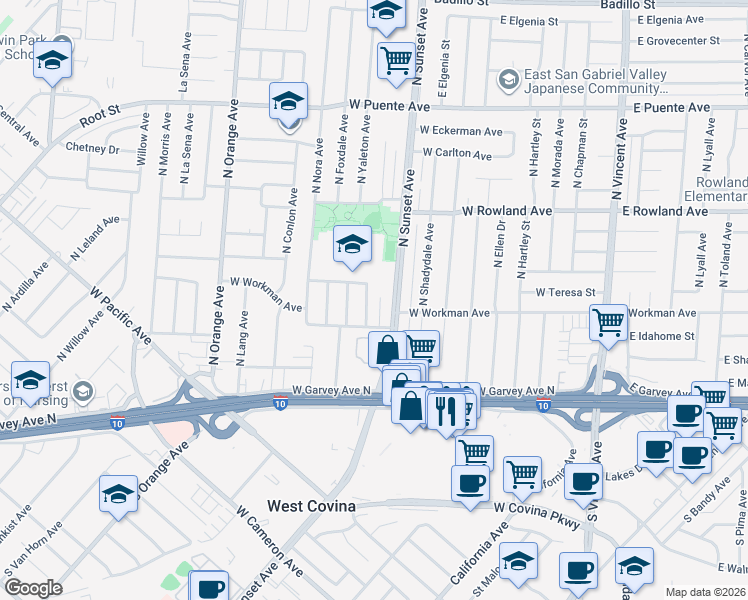 map of restaurants, bars, coffee shops, grocery stores, and more near 320 North Hollow Avenue in West Covina