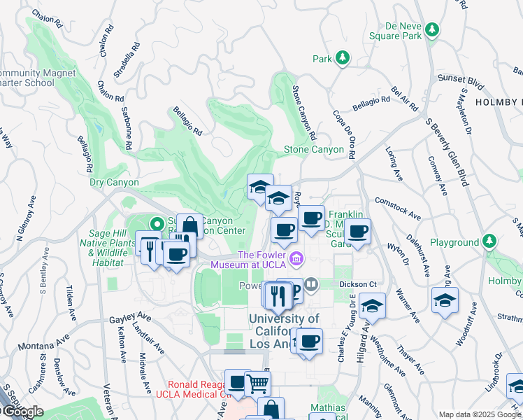 map of restaurants, bars, coffee shops, grocery stores, and more near 10643 West Sunset Boulevard in Los Angeles