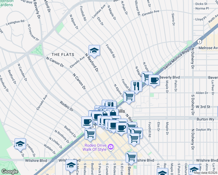 map of restaurants, bars, coffee shops, grocery stores, and more near 520 North Rexford Drive in Beverly Hills