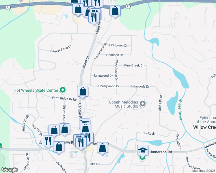 map of restaurants, bars, coffee shops, grocery stores, and more near 218 Cherrywood Dr in Woodstock
