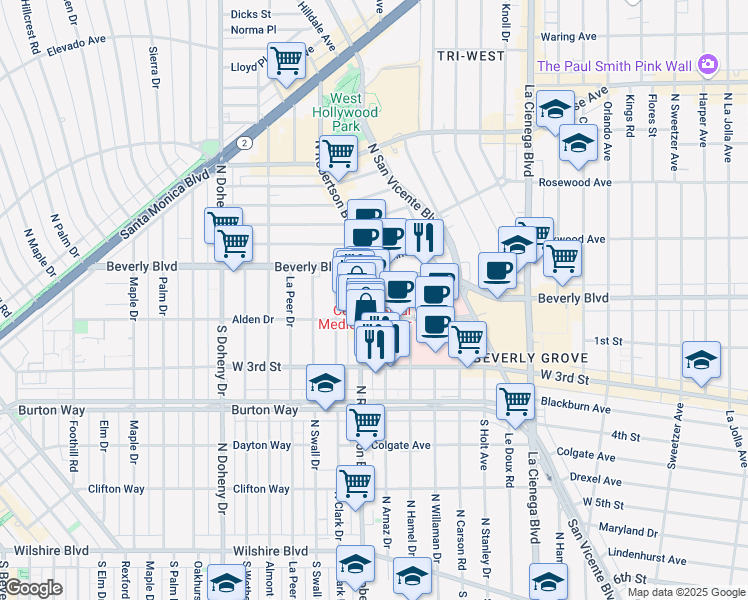 map of restaurants, bars, coffee shops, grocery stores, and more near 8741 Alden Drive in Los Angeles