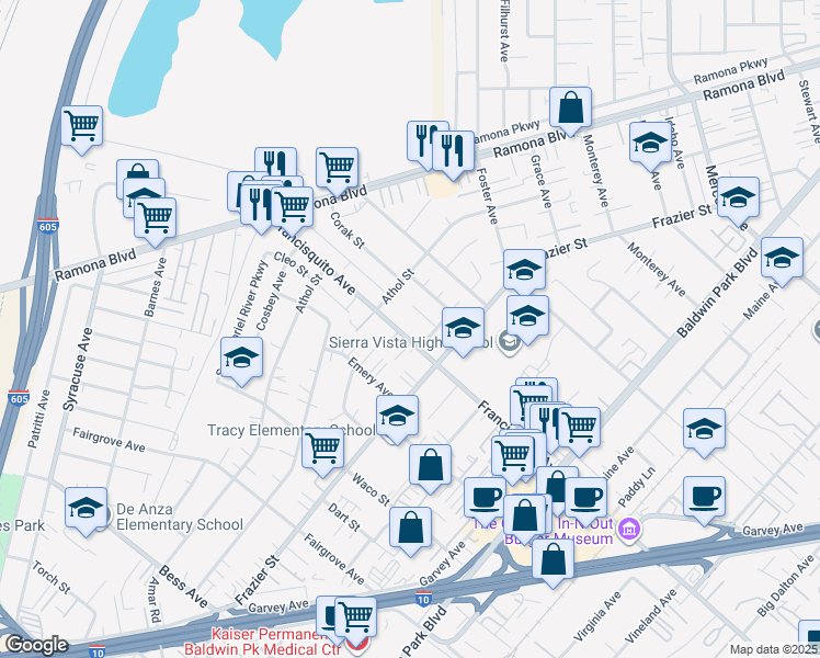 map of restaurants, bars, coffee shops, grocery stores, and more near 13241 Francisquito Avenue in Baldwin Park