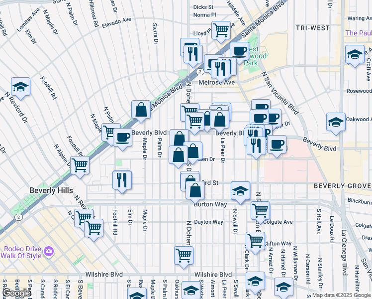 map of restaurants, bars, coffee shops, grocery stores, and more near 125 North Doheny Drive in West Hollywood