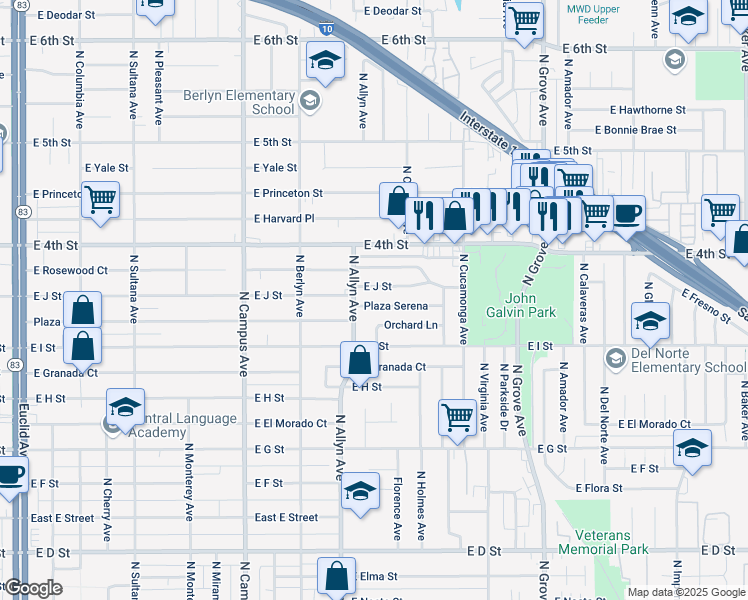 map of restaurants, bars, coffee shops, grocery stores, and more near 928 Plaza Serena in Ontario