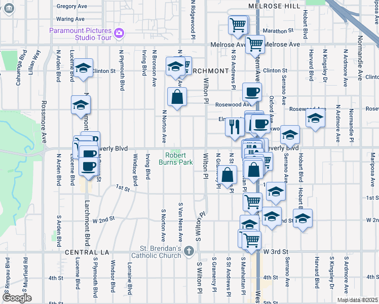 map of restaurants, bars, coffee shops, grocery stores, and more near 245 North Ridgewood Place in Los Angeles