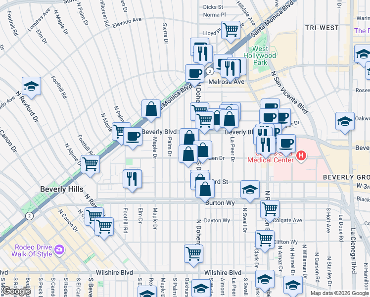 map of restaurants, bars, coffee shops, grocery stores, and more near 406 North Oakhurst Drive in Beverly Hills