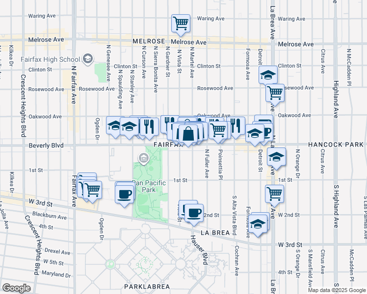 map of restaurants, bars, coffee shops, grocery stores, and more near 167 North Martel Avenue in Los Angeles