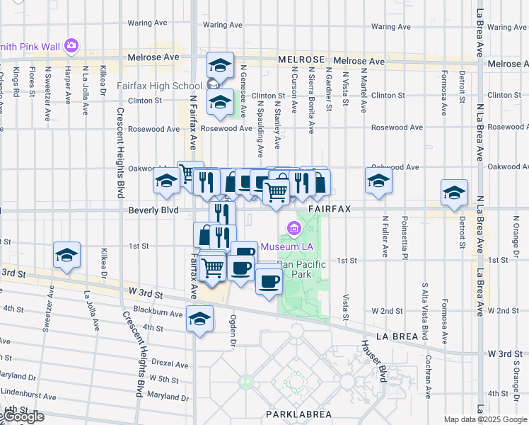map of restaurants, bars, coffee shops, grocery stores, and more near 7716 Beverly Boulevard in Los Angeles