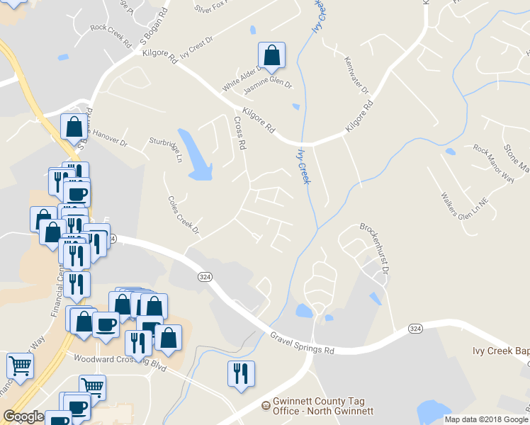 map of restaurants, bars, coffee shops, grocery stores, and more near 2134 Millgate Lane Northeast in Buford