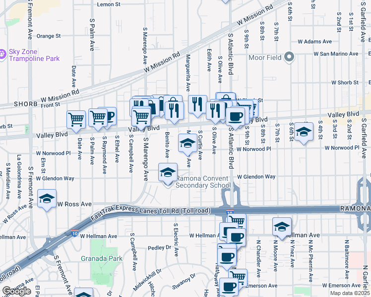 map of restaurants, bars, coffee shops, grocery stores, and more near 1509 Marguerita Avenue in Alhambra